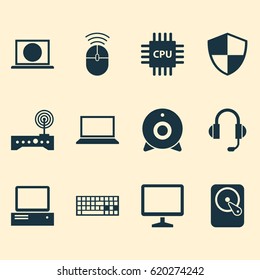Computer Icons Set. Collection Of Earphone, Computer Mouse, Desktop And Other Elements. Also Includes Symbols Such As Keypad, Web, Protection.