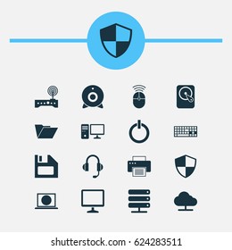 Computer Icons Set. Collection Of Earphone, Power On, Personal Computer And Other Elements. Also Includes Symbols Such As Machine, Keypad, Keyboard.