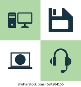 Computer Icons Set. Collection Of Earphone, Web, Personal Computer And Other Elements. Also Includes Symbols Such As Earphone, Personal, Diskette.