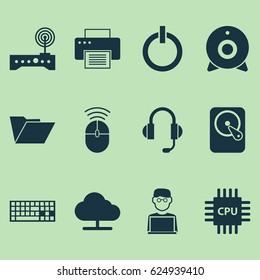 Computer Icons Set. Collection Of Earphone, Tree, Programmer And Other Elements. Also Includes Symbols Such As Power, Earphone, Printer.