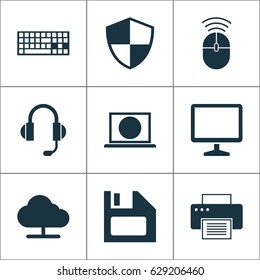 Computer Icons Set. Collection Of Earphone, Tree, Defense And Other Elements. Also Includes Symbols Such As Control, Keypad, Monitor.