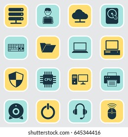 Computer Icons Set. Collection Of Earphone, Keypad, Laptop And Other Elements. Also Includes Symbols Such As Server, Control, Hdd.