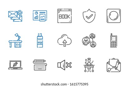 computer icons set. Collection of computer with email, large, mute, keyboard, design, cellphone, analysis, cloud computing, pendrive, desk. Editable and scalable computer icons.