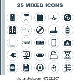 Computer Icons Set. Collection Of File Scanner, Internet Network, Accumulator Sign And Other Elements. Also Includes Symbols Such As Camera, Generator, Connector.