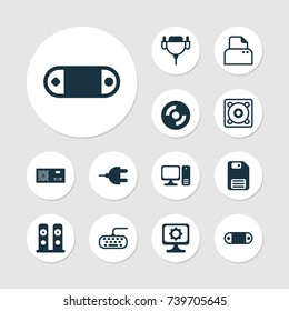 Computer Icons Set. Collection Of File Scanner, Power Generator, Music And Other Elements. Also Includes Symbols Such As Floppy, PC, Computer.
