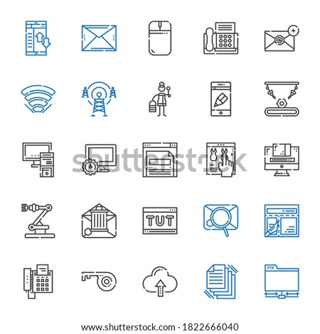 computer icons set. Collection of computer with ftp, files, cloud computing, key, fax, layout, email, tutorial, industrial robot, graphic design. Editable and scalable computer icons.