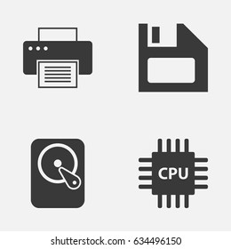 Computer Icons Set. Collection Of Hdd, Motherboard, Printing Machine And Other Elements. Also Includes Symbols Such As Printer, Printing, Cpu.