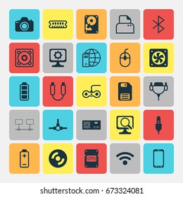 Computer Icons Set. Collection Of Hdd, Power Generator, Wireless Connection And Other Elements. Also Includes Symbols Such As Dynamic, Hdd, Energy.