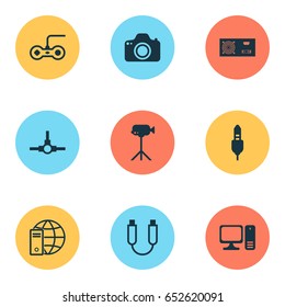 Computer Icons Set. Collection Of Joystick, Camcorder, Aux Cord And Other Elements. Also Includes Symbols Such As Gaming, Console, Camera.
