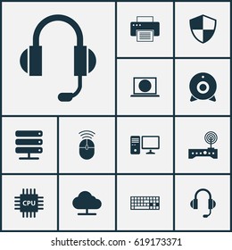 Computer Icons Set. Collection Of Keypad,  Database And Other Elements. Also Includes Symbols Such As Web, Online, Microphone.
