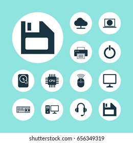 Computer Icons Set. Collection Of Keypad, Printing Machine, Web And Other Elements. Also Includes Symbols Such As Microphone, Earphone, Headphone.