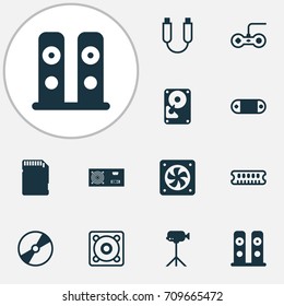 Computer Icons Set. Collection Of Loudspeakers, Music, Cd-Rom And Other Elements. Also Includes Symbols Such As Gamepad, Sd, Generator.