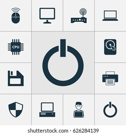 Computer Icons Set. Collection Of Monitor, Desktop, Laptop And Other Elements. Also Includes Symbols Such As Printer, Disk, Laptop.