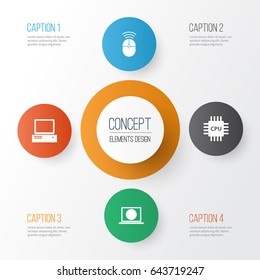 Computer Icons Set. Collection Of Monitor, Web, Motherboard And Other Elements. Also Includes Symbols Such As Web, Internet, Cpu.