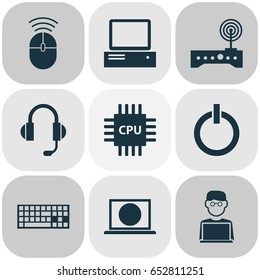 Computer Icons Set. Collection Of Monitor, Power On, Motherboard And Other Elements. Also Includes Symbols Such As Monitor, Motherboard, Laptop.