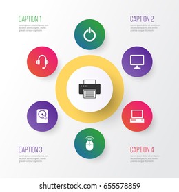Computer Icons Set. Collection Of Monitor, Computer Mouse, Earphone And Other Elements. Also Includes Symbols Such As Headphone, Mouse, Power.