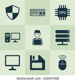 Computer Icons Set. Collection Of Motherboard, Defense, Database And Other Elements. Also Includes Symbols Such As Control, Personal, Database.