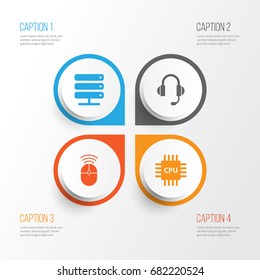 Computer Icons Set. Collection Of Motherboard, Computer Mouse, Earphone And Other Elements. Also Includes Symbols Such As Motherboard, Control, Server.