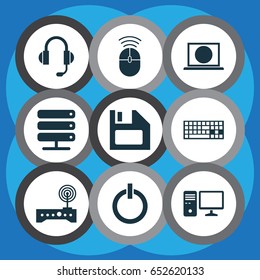 Computer Icons Set. Collection Of Computer Mouse, Power On, Router And Other Elements. Also Includes Symbols Such As Web, Modem, Server.