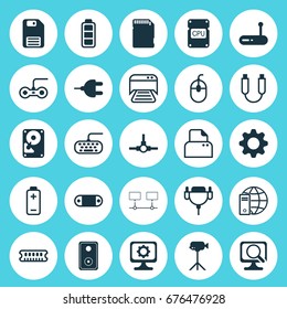 Computer Icons Set. Collection Of Network Structure, Camcorder, Computer Keypad And Other Elements. Also Includes Symbols Such As Keyboard, Accumulator, Card.