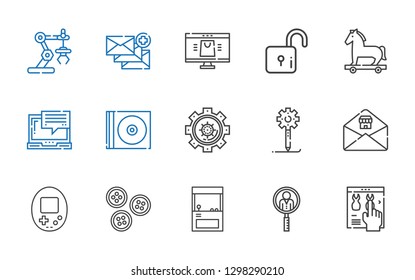 computer icons set. Collection of computer with online shop, job search, arcade, buttons, console, email, creative process, settings, cd. Editable and scalable computer icons.
