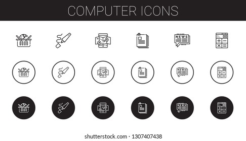 computer icons set. Collection of computer with online shopping, highlighter, mobile map, files, news, calculator. Editable and scalable computer icons.