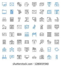 computer icons set. Collection of computer with pendrive, desk, fax, gamepad, monitor, web development, message, router, exchange, arcade. Editable and scalable computer icons.
