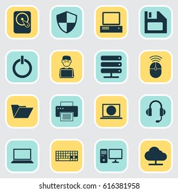 Computer Icons Set. Collection Of Personal Computer, Laptop, Computer Mouse And Other Elements. Also Includes Symbols Such As Server, Floppy, Shield.