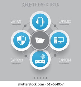 Computer Icons Set. Collection Of Personal Computer, Router, Earphone And Other Elements. Also Includes Symbols Such As Headphone, Personal, PC.