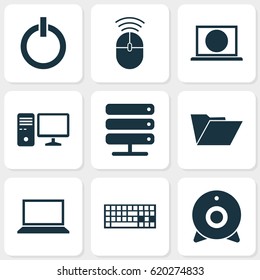 Computer Icons Set. Collection Of Personal Computer, Broadcast, Dossier And Other Elements. Also Includes Symbols Such As Storage, Laptop, Notebook.