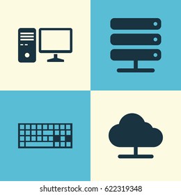 Computer Icons Set. Collection Of Personal Computer, Keypad, Tree And Other Elements. Also Includes Symbols Such As Online, Cloud, Database.