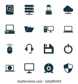 Computer Icons Set. Collection Of Personal Computer, Dossier, Tree And Other Elements. Also Includes Symbols Such As Button, Tree, Database.