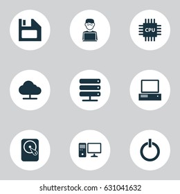 Computer Icons Set. Collection Of Personal Computer, Motherboard, Database And Other Elements. Also Includes Symbols Such As Cpu, Monitor, Laptop.