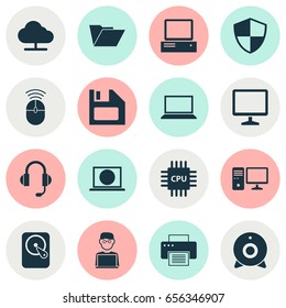 Computer Icons Set. Collection Of Personal Computer, Laptop, Programmer And Other Elements. Also Includes Symbols Such As Camera, Machine, PC.