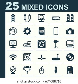 Computer Icons Set. Collection Of Portable Memory, PC, Loudspeakers And Other Elements. Also Includes Symbols Such As Gear, Cursor, Video.