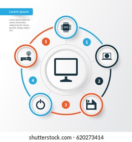 Computer Icons Set. Collection Of Power On, Motherboard, Router And Other Elements. Also Includes Symbols Such As Web, Motherboard, Cpu.
