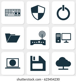 Computer Icons Set. Collection Of Power On, Dossier, Defense And Other Elements. Also Includes Symbols Such As Modem, Power, Computer.