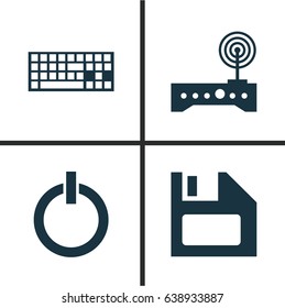 Computer Icons Set. Collection Of Power On, Router, Keypad And Other Elements. Also Includes Symbols Such As Floppy, Keypad, Start.