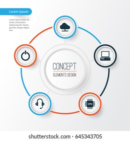 Computer Icons Set. Collection Of Power On, Monitor, Motherboard And Other Elements. Also Includes Symbols Such As Button, Earphone, Online.