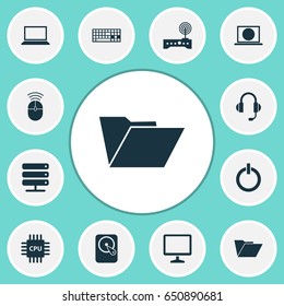 Computer Icons Set. Collection Of Power On, Keypad, Motherboard And Other Elements. Also Includes Symbols Such As Earphone, Microphone, Button.
