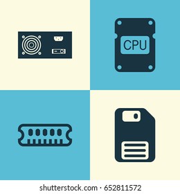 Computer Icons Set. Collection Of Power Generator, Diskette, Cpu And Other Elements. Also Includes Symbols Such As Save, Dskette, Ram.