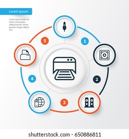 Computer Icons Set. Collection Of Printed Document, Aux Cord, Music And Other Elements. Also Includes Symbols Such As Scanner, Aux, Photocopy.
