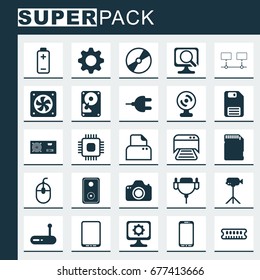 Computer Icons Set. Collection Of Printed Document, Vga Cord, Web Camera And Other Elements. Also Includes Symbols Such As Energy, Chip, Computer.