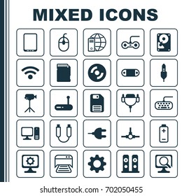 Computer Icons Set. Collection Of Printed Document, Diskette, Hdd And Other Elements. Also Includes Symbols Such As Save, PC, Floppy.