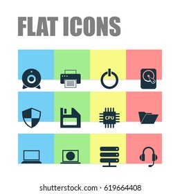 Computer Icons Set. Collection Of Printing Machine, Hdd, Power On And Other Elements. Also Includes Symbols Such As Machine, Web, Start.