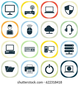 Computer Icons Set. Collection Of Printing Machine, Personal Computer, Computer Mouse And Other Elements. Also Includes Symbols Such As Start, Programmer, Power.