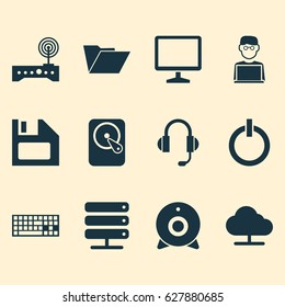 Computer Icons Set. Collection Of Programmer, Dossier, Database And Other Elements. Also Includes Symbols Such As Router, Cloud, Online.