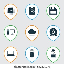 Computer Icons Set. Collection Of Programmer, Personal Computer, Laptop And Other Elements. Also Includes Symbols Such As Motherboard, Personal, Camera.