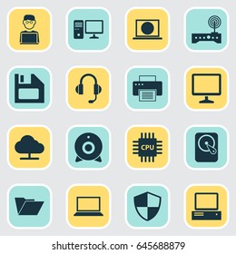 Computer Icons Set. Collection Of Programmer, Printing Machine, Web And Other Elements. Also Includes Symbols Such As Online, Computer, Earphone.