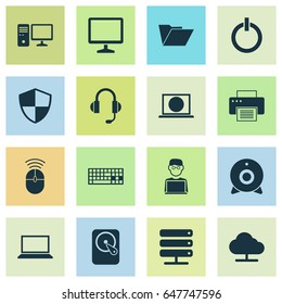 Computer Icons Set. Collection Of Programmer, Keypad, Earphone And Other Elements. Also Includes Symbols Such As Computer, Cloud, Keyboard.